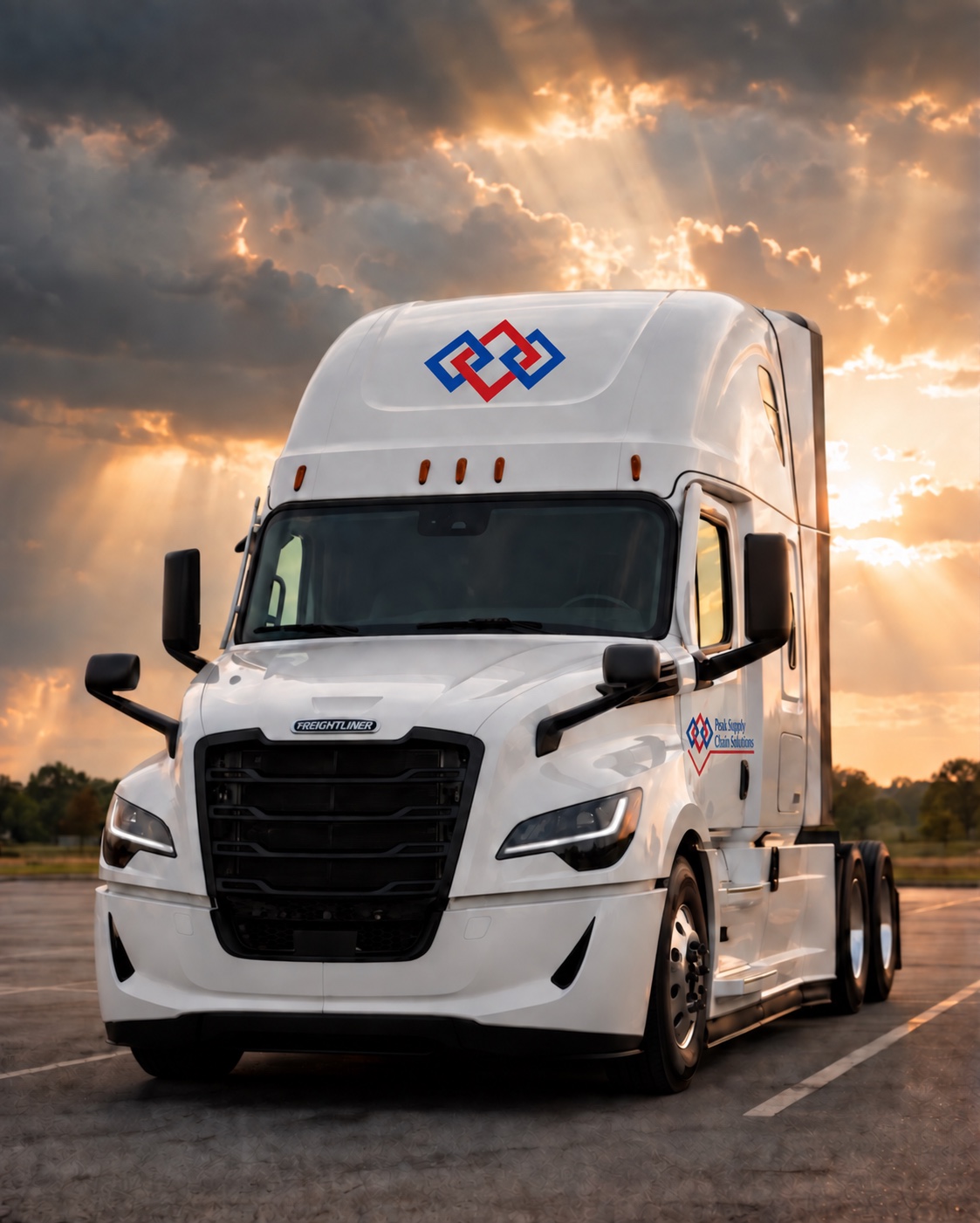 A Peak sleeper tractor parked on open asphalt at sunset, sunbeams breaking through cloud behind it, Peak mark on the cab fairing