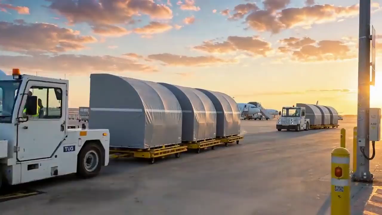 A tug and driver pulling a train of ULD containers across the ramp at sunset, an aircraft behind
